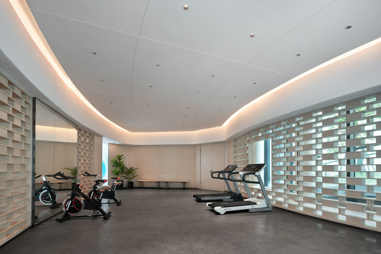 A boutique cardio floor under a curved ceiling