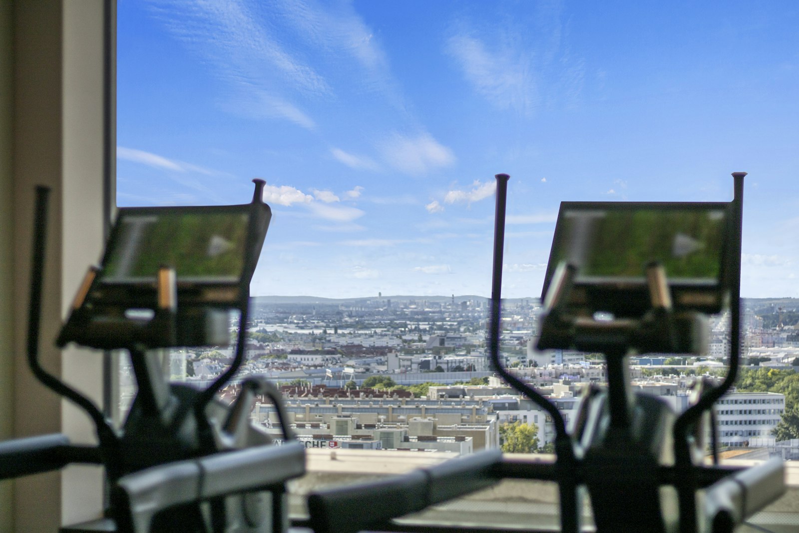 Bikes facing a city view