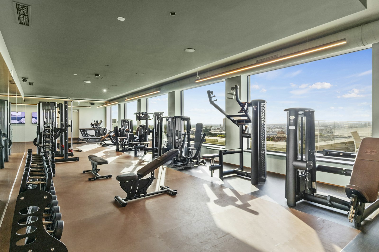 Strength machines beside floor-to-ceiling windows